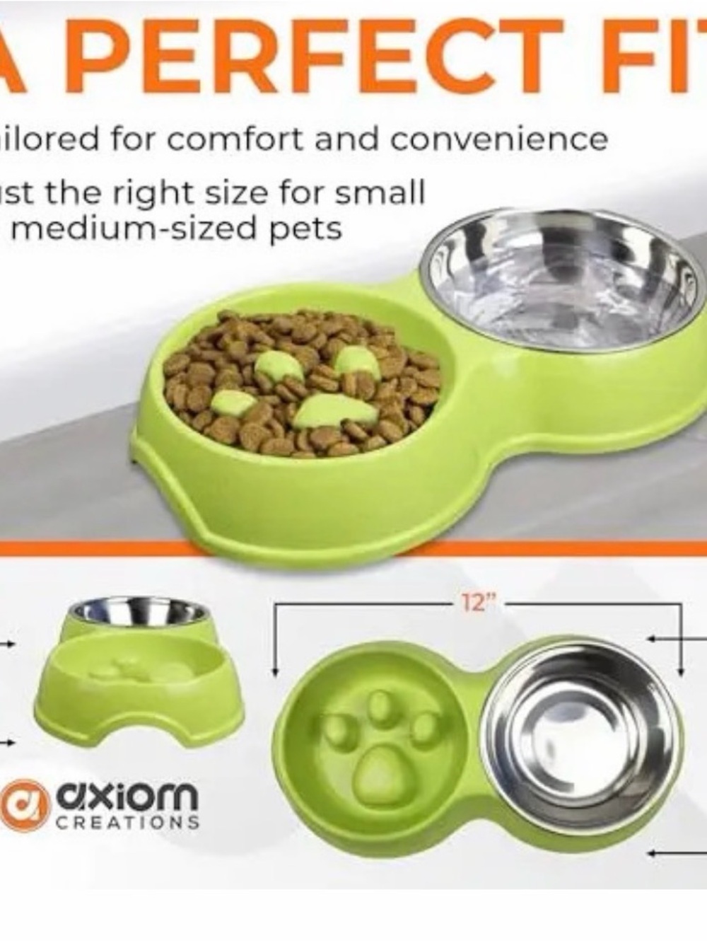 Axiom Creations Green Pet Double Bowl with Paw-Print Slow Feeder